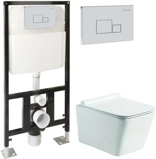 Комплект SantiLine SL-5007+SL-01 безободковый белый унитаз с сиденьем микролифт и инсталляция с клавишей смыва хром квадрат